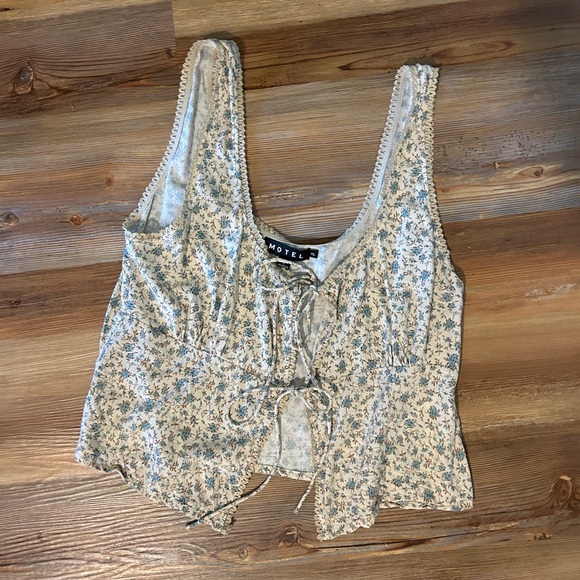 Motel Rocks Tops - Motel Rocks Lace-Up Floral Top - Cream and Blue